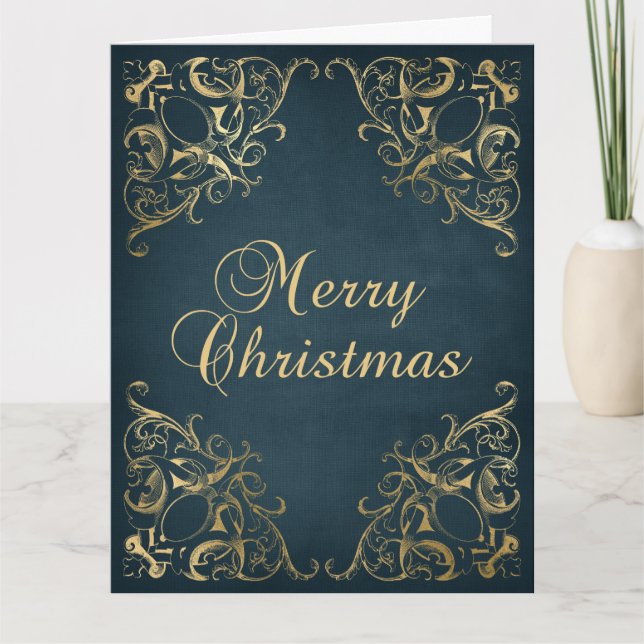 Teal Blue Faux Gold Ornate Border Merry Christmas Card (Front)