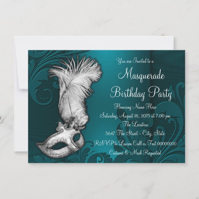 Teal Blue Feather Mask Masquerade Party Invitation (Front)