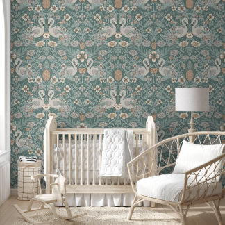 Teal Blue Flamingo Floral Damask Wallpaper
