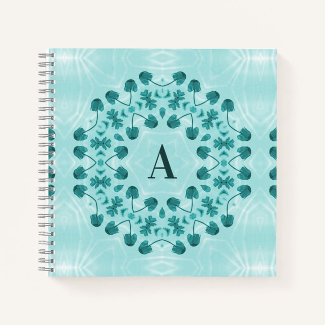 Teal Blue Floral Abstract Monogram Notebook (Front)