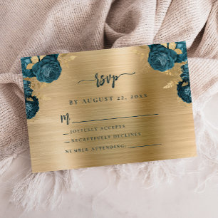 Teal Blue Floral Gold Brushed Metal Wedding RSVP Enclosure Card
