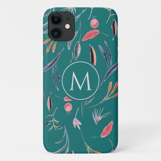 Teal Blue Floral MONOGRAM Custom Personalized Case-Mate iPhone Case (Back)