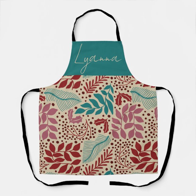Teal Blue Floral Pattern Retro Cozy Christmas Apron (Front)