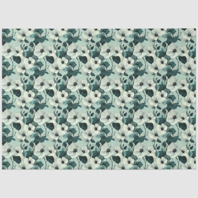 Teal Blue Floral Pattern Tissue Paper (Front)