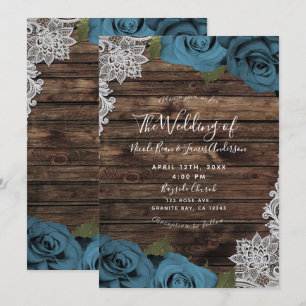 Teal Blue Floral Roses Rustic Wood Lace Wedding Invitation