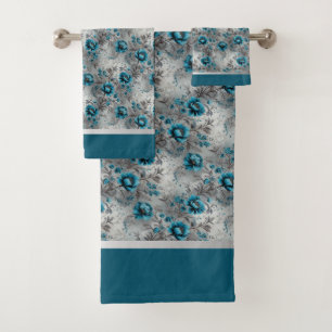 Teal Blue Floral Soft and Stylish  Bath Towel Set