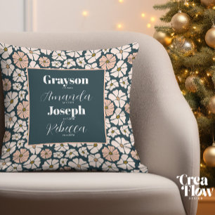 Teal blue florals Personalize Grandchildren's Name Throw Pillow
