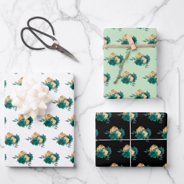 Teal Blue Flowers and Greenery Pattern Wrapping Paper Sheet (Front)