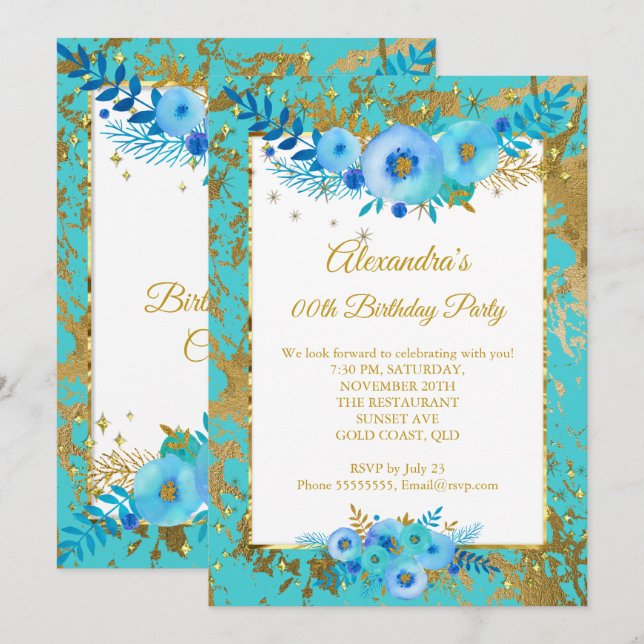 Teal Blue Flowers Gold Birthday Party Invitation (Front/Back)