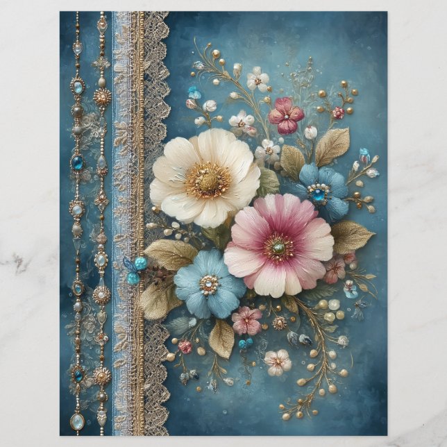 Teal Blue Flowers Junk Journal Scrapbook Paper (Front)