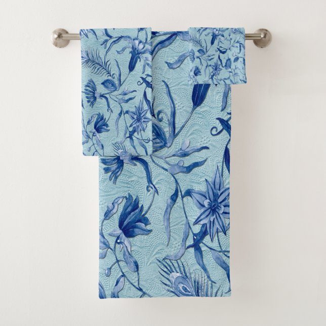 Teal Blue flowers on a sculpture texture backing Bath Towel Set (Insitu)