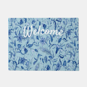 Teal Blue flowers on a sculpture texture backing Doormat