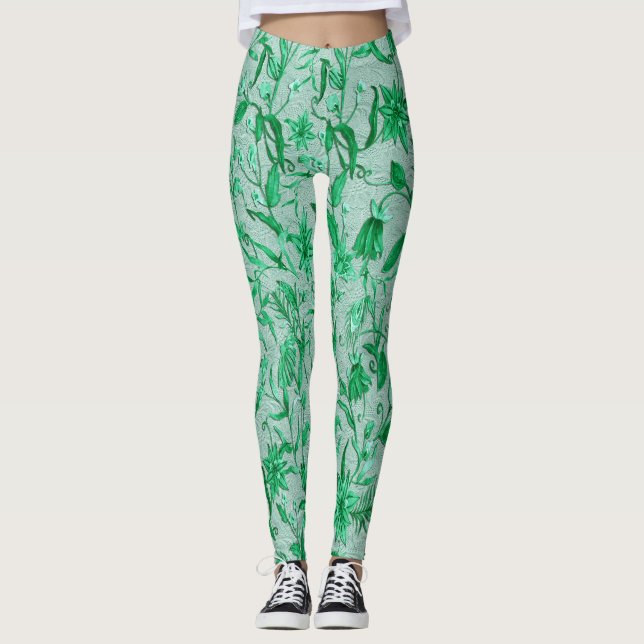 Teal Blue flowers on a sculpture texture backing Leggings (Front)
