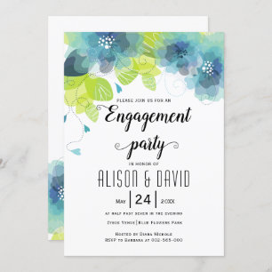Teal blue flowers wedding engagemnet party invitation