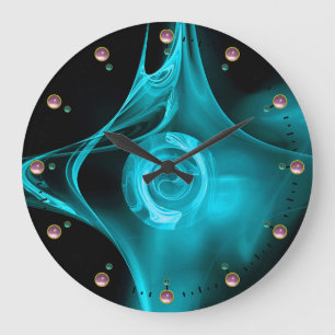 TEAL BLUE FRACTAL ROSE IN BLACK,  PINK GEMSTONES LARGE CLOCK