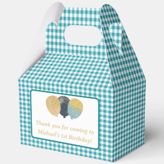 Teal Blue Gingham Balloons Custom Photo Birthday Favor Box