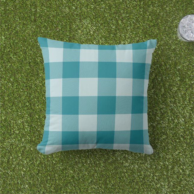 Teal Blue Gingham Check Buffalo Plaid Outdoor Pillow (Grass)