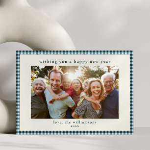 Teal Blue Gingham Family Photo New Year 2027 Holiday Card