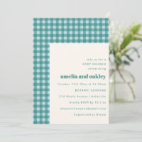 Teal Blue Gingham Modern Couples Baby Shower