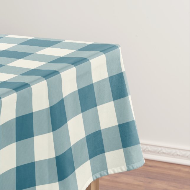 Teal Blue Gingham Pattern Check Tablecloth (In Situ)