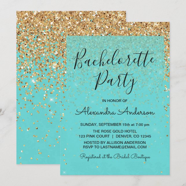 Teal Blue Girly Glitter Sparkle Bachelorette Party Invitation (Front/Back)