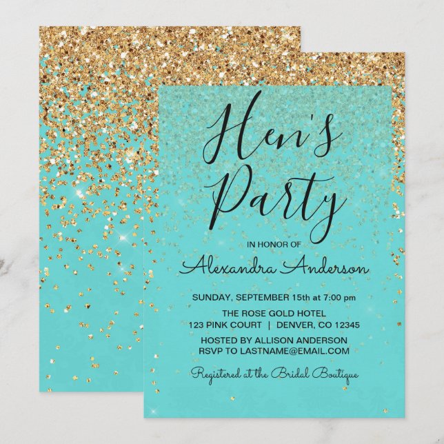 Teal Blue Girly Glitter Sparkle Hen's Party Invitation (Front/Back)