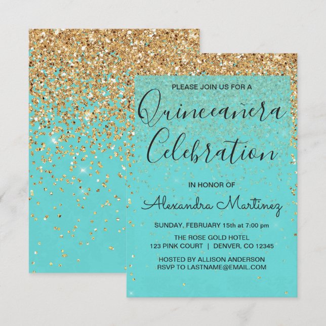 Teal Blue Girly Glitter Sparkle Quinceanera Invitation (Front/Back)