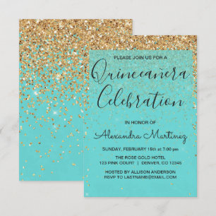Teal Blue Girly Glitter Sparkle Quinceanera Invitation
