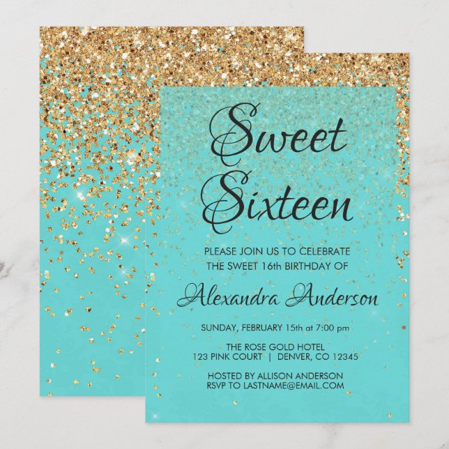 Teal Blue Girly Glitter Sparkle Sweet 16 Birthday Invitation (Front/Back)