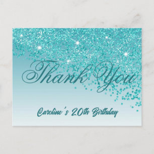 Teal Blue Glitter, 20th Birthday Thank You Postcard