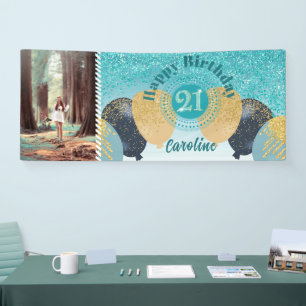 Teal Blue Glitter 21st Birthday & Balloons  Banner