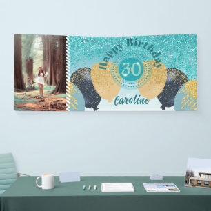 Teal Blue Glitter 30th Birthday & Balloons  Banner
