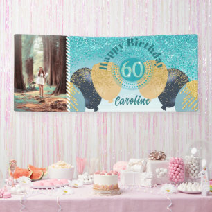 Teal Blue Glitter 60th Birthday & Balloons  Banner