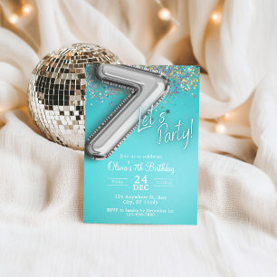 teal blue Glitter 7th Birthday Invitation