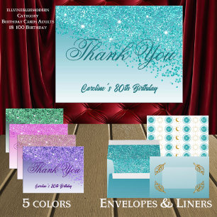 Teal Blue Glitter, 80th Birthday Thank You Postcard