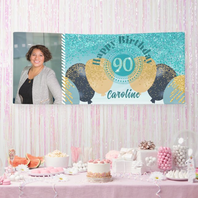Teal Blue Glitter 90th Birthday & Balloons  Banner (Party)