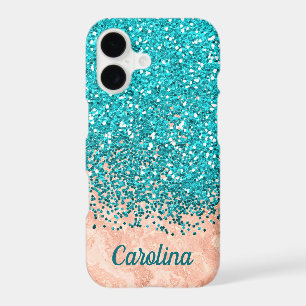 Teal Blue Glitter and Orange Marble, Personalized