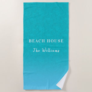 Teal blue glitter aqua sea green beach house name beach towel