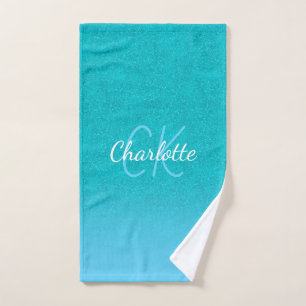 Teal blue glitter aqua sea green monogram initials hand towel