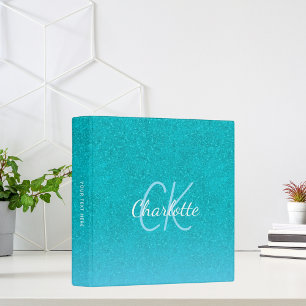 Teal blue glitter aqua sea green monogram school binder