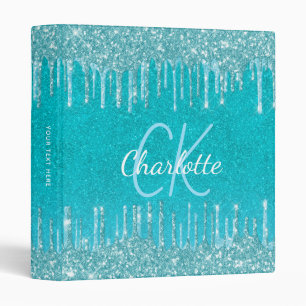 Teal blue glitter aqua sea green monogram school binder
