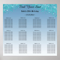 Teal Blue Glitter Birthday Alphabetic Seating Plan