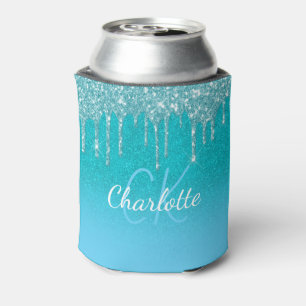 Teal blue glitter drip aqua sea green monogram  can cooler