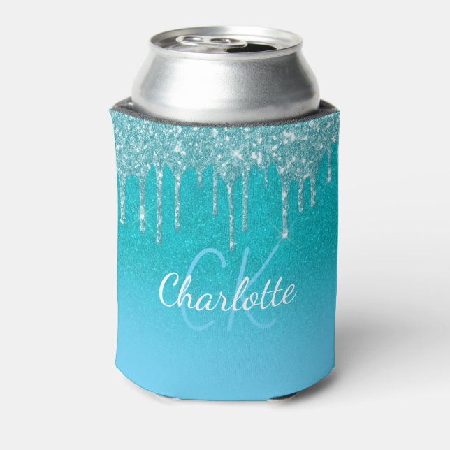 Teal blue glitter drip aqua sea green monogram  can cooler (Can Back)
