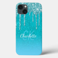 Teal blue glitter drip aqua sea green monogram