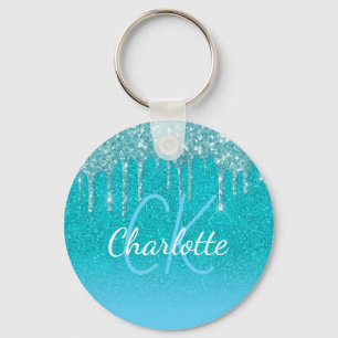 Teal blue glitter drips aqua green monogram  keychain