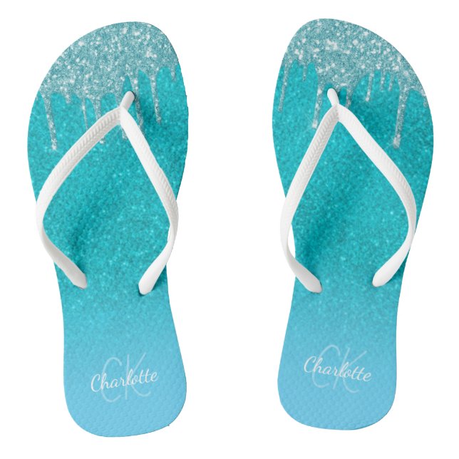 Teal blue glitter drips aqua sea green monogram flip flops (Footbed)