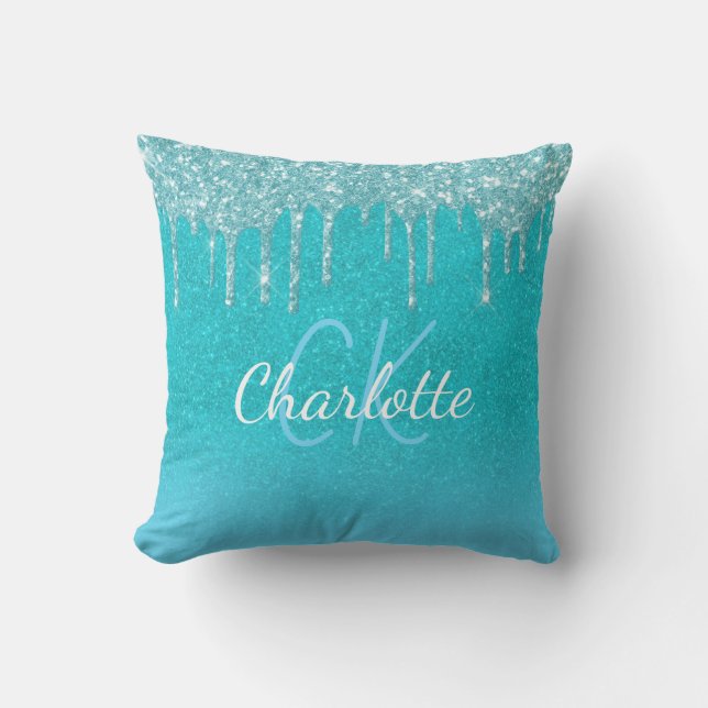 Teal blue glitter drips aqua sea green monogram outdoor pillow (Front)