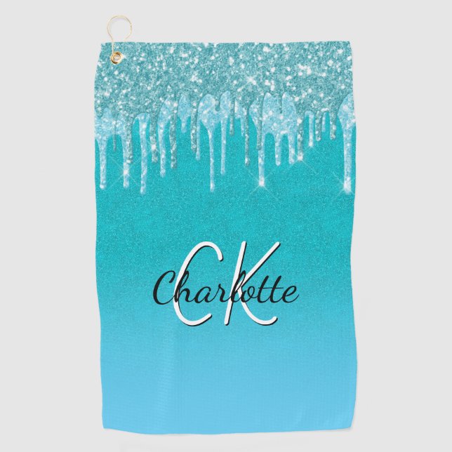 Teal blue glitter drips monogram sparkle golf towel (Front)