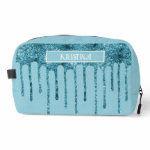 Teal Blue Glitter Drips on Sky Blue Toiletry Bag